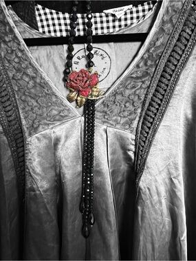 Vintage Heidi Daus Black Beaded Necklace with Red Rose and Gold Leaves Pendant